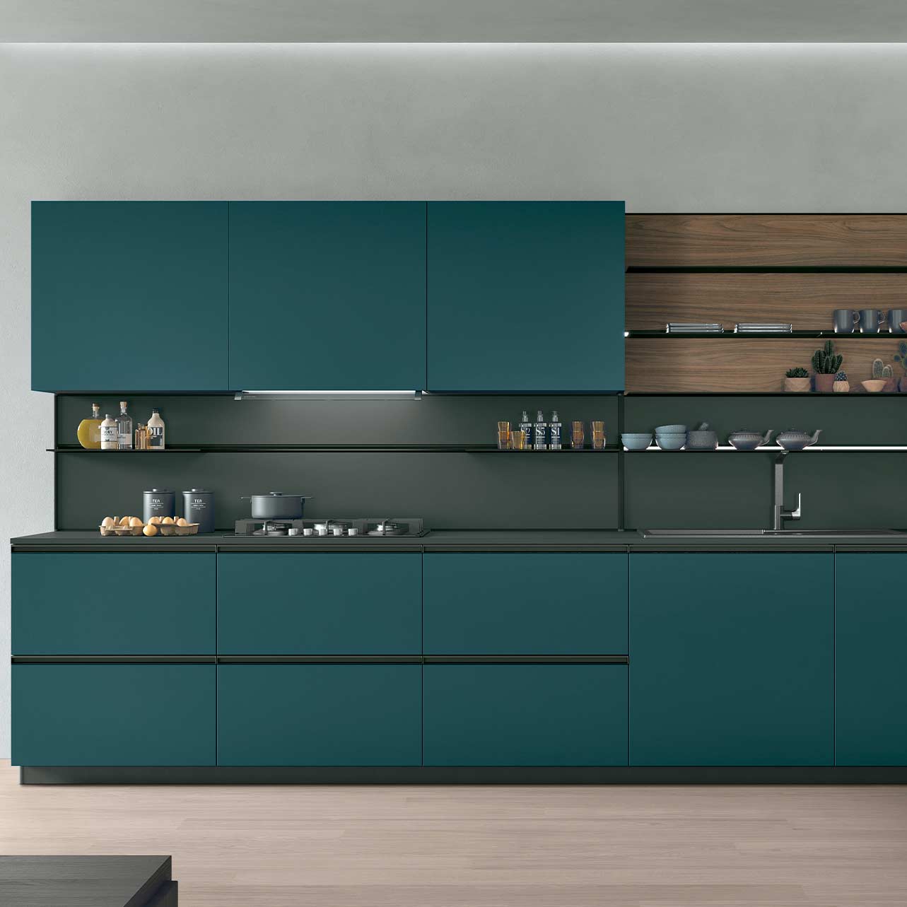 Cucina Stosa lineare con pensili a tutta altezza e piano in gres